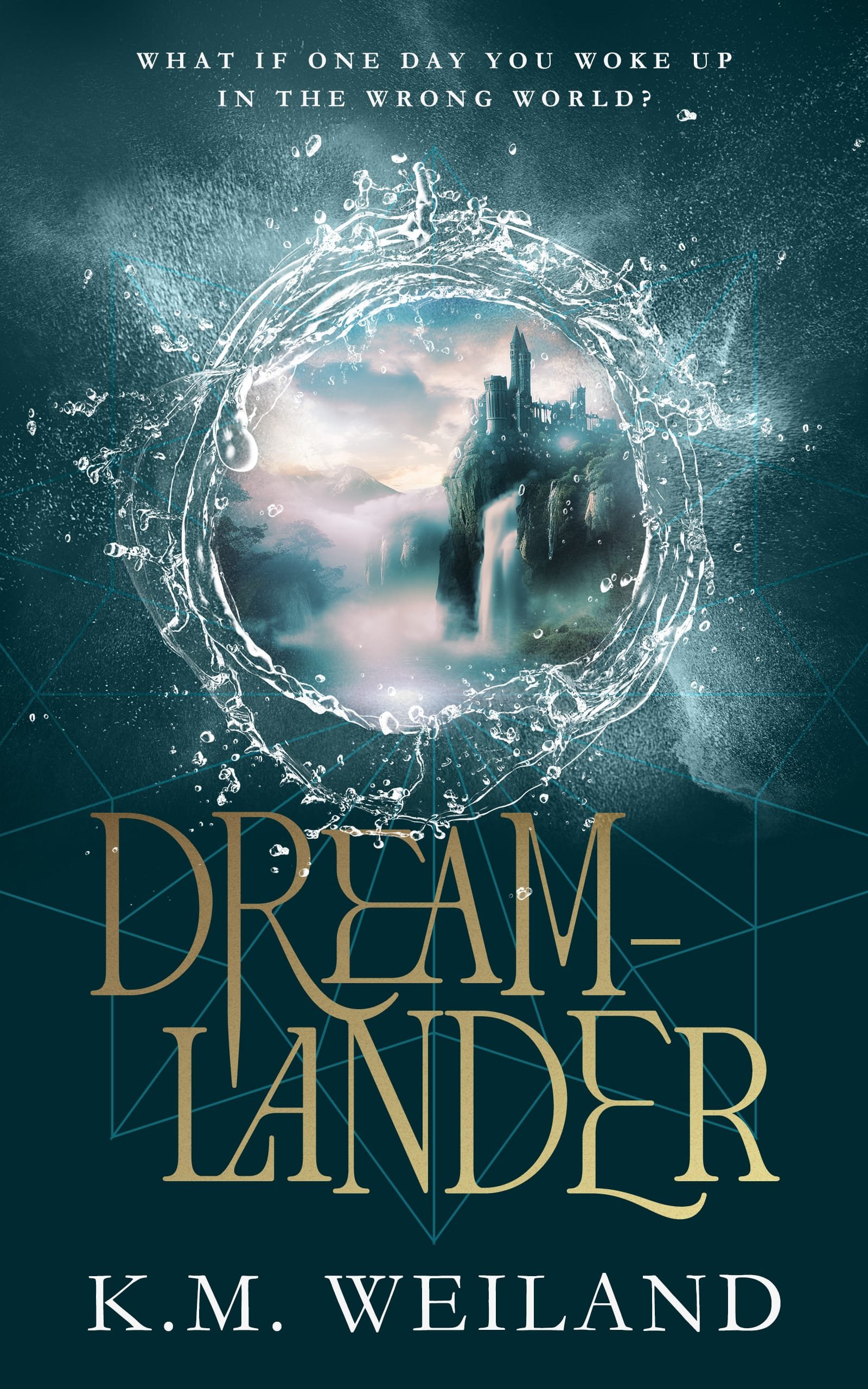 Dreamlander by K.M. Weiland The book cover for our Dreamlander book review, showing the fantasy novel by K.M. Weiland with a man in modern clothes and a woman in armor standing between a city and a fantasy world.