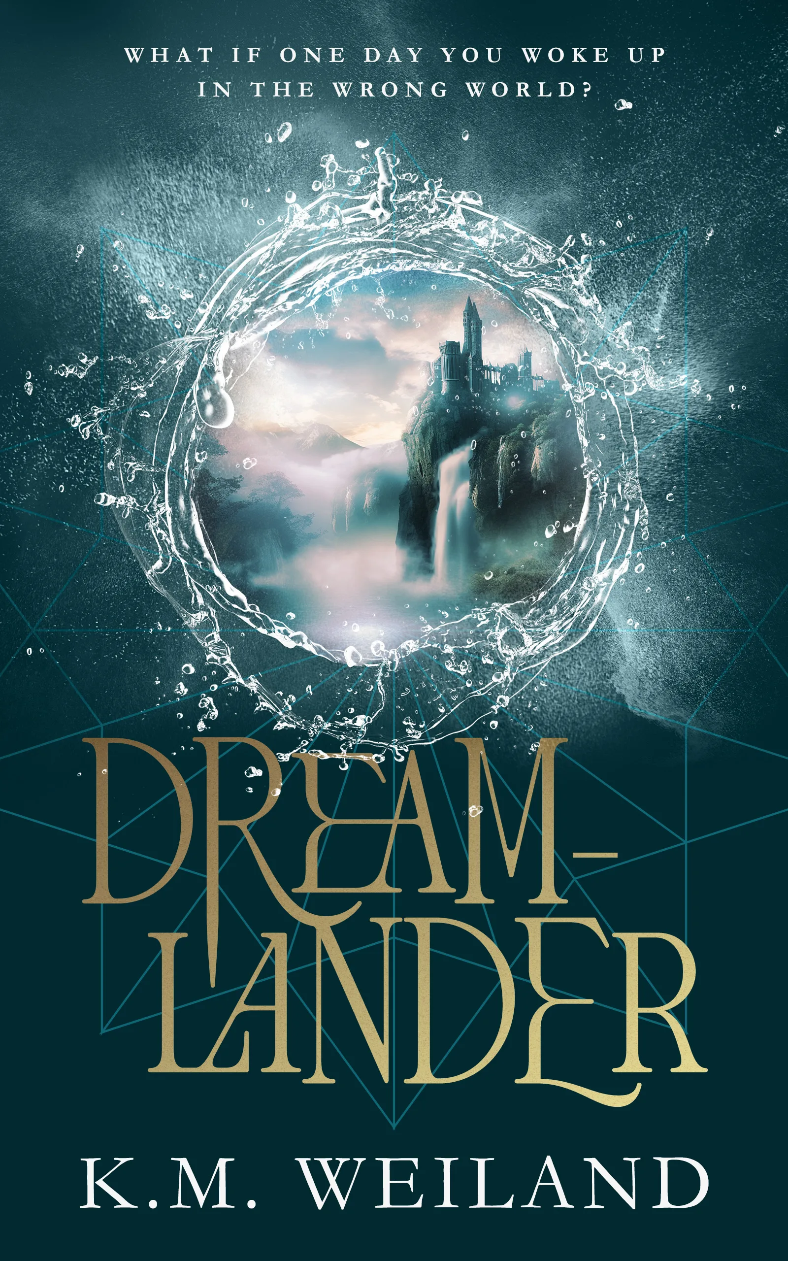 Dreamlander by K.M. Weiland The book cover for our Dreamlander book review, showing the fantasy novel by K.M. Weiland with a man in modern clothes and a woman in armor standing between a city and a fantasy world.