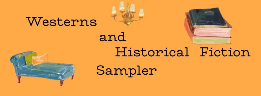 Promo banner for the Western & Historical Fiction Sampler, featuring a split image of a cowboy on the range and a knight in armor or a lady in a historical gown.