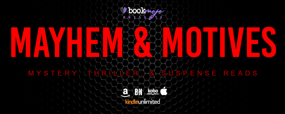 MAYHEM & MOTIVES October Promotional banner for the Mayhem & Motives book sale featuring mystery, thriller, and suspense reads.