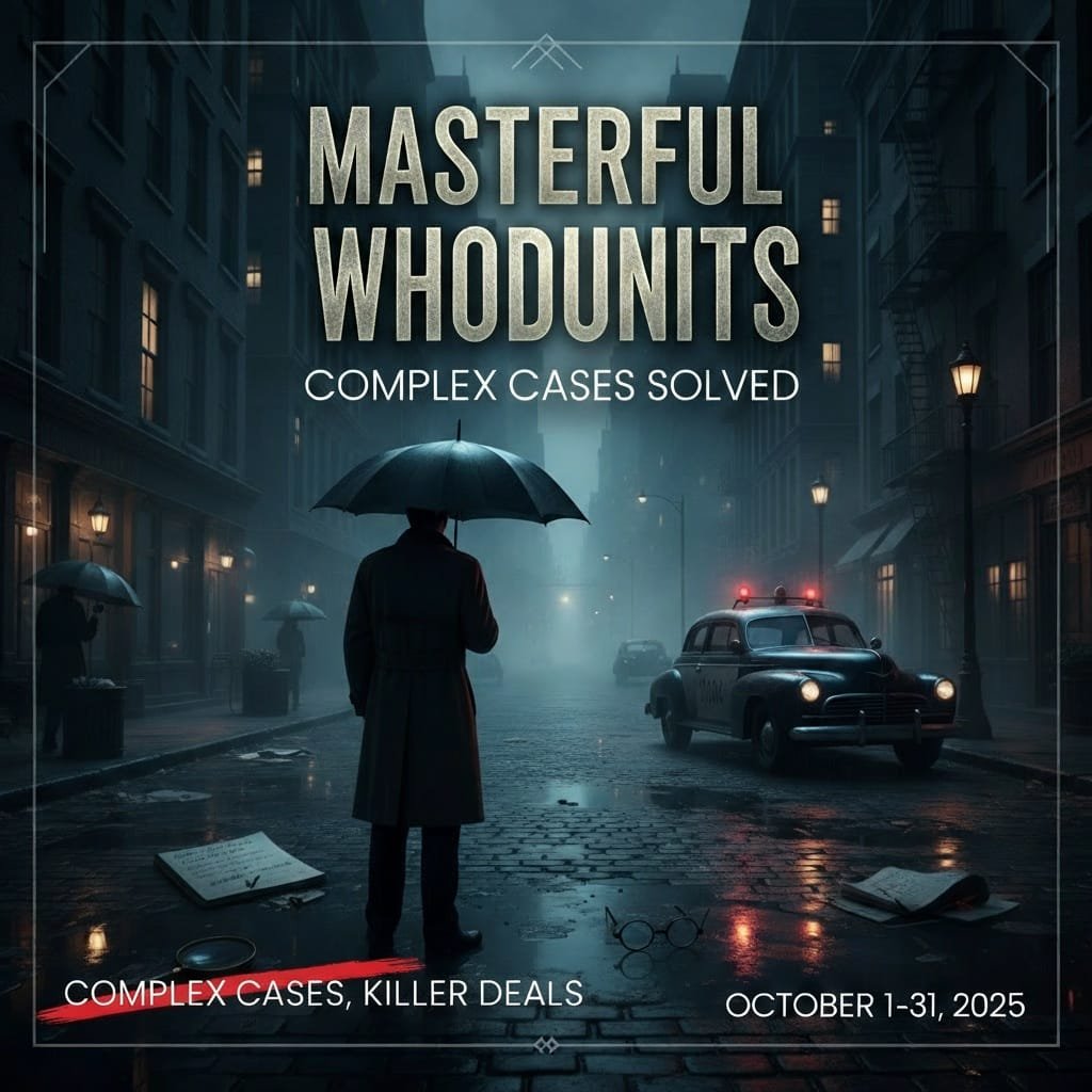 Masterful Whodunits Complex Cases Solved Promotional banner for the Masterful Whodunits book sale.