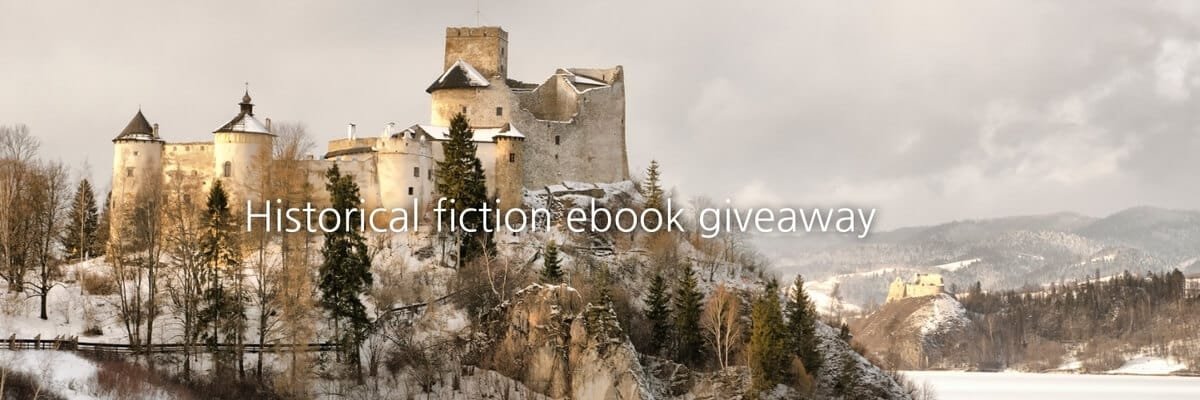 Free Historical Fiction for Xmas Snow-covered medieval castle and surrounding forested hills under a cloudy winter sky with the text “Historical fiction ebook giveaway,” promoting a Christmas free book event for war- and conflict-themed historical fiction.