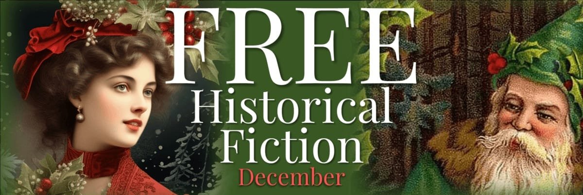 Free Historical Fiction Vintage Christmas-style banner with a Victorian woman in red on the left and a Father Christmas figure on the right, with large white text reading “FREE Historical Fiction – December,” promoting a free historical fiction ebook giveaway.