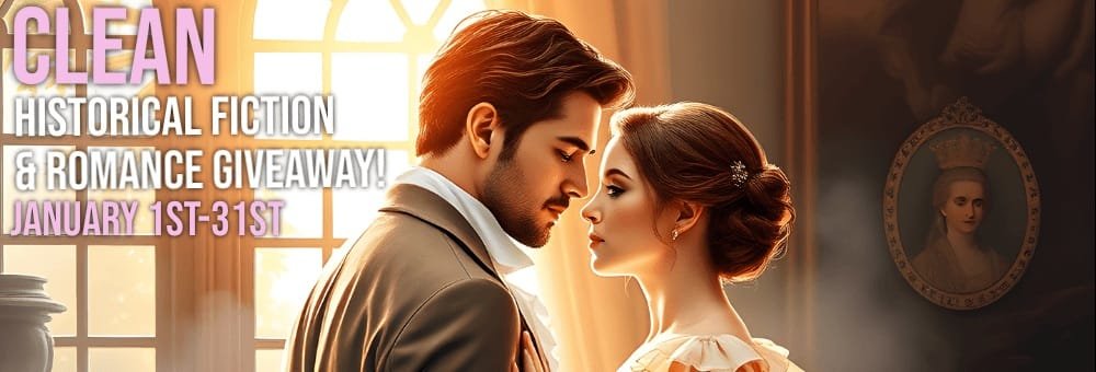 Clean historical fiction and romance promo banner with couple in period clothing in warm, elegant setting