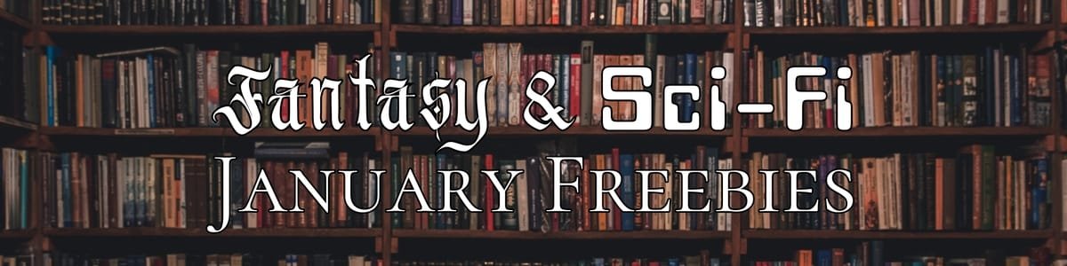 Fantasy and sci‑fi freebies promo banner with bookshelves and bold genre text