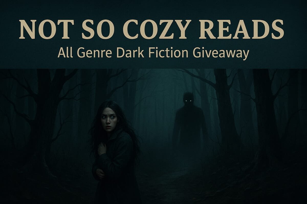 Not So Cozy Reads promo banner featuring a woman in a dark forest with a looming shadow figure
