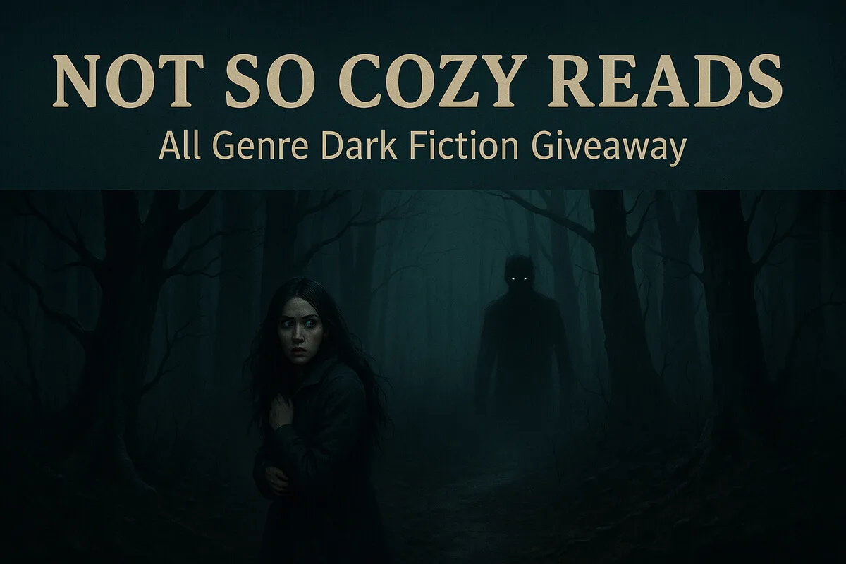 Not So Cozy Reads promo banner featuring a woman in a dark forest with a looming shadow figure