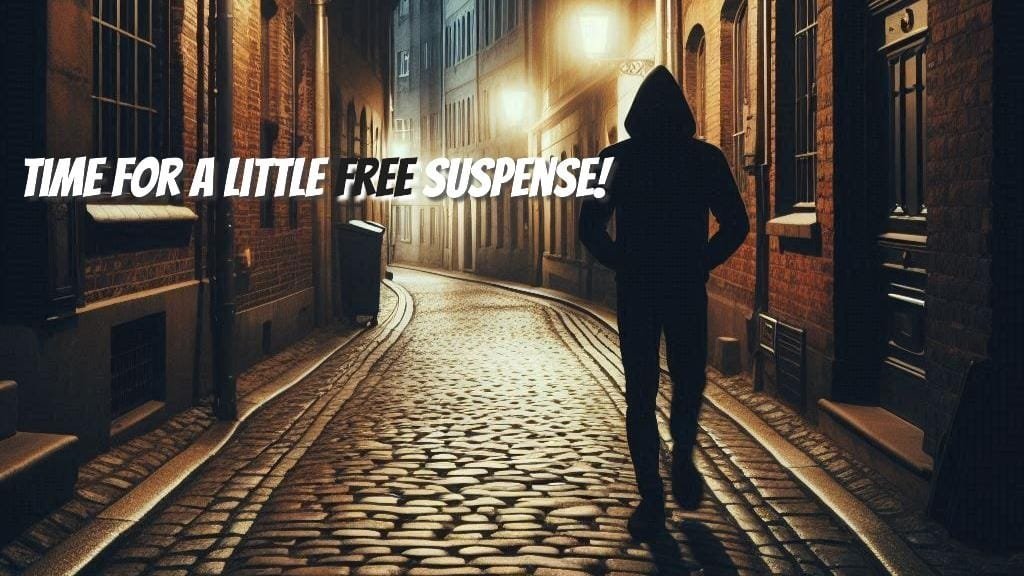 Suspense promo banner with shadowy alleyway and lone figure under streetlights