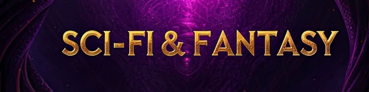 Banner with ornate golden SCI‑FI & FANTASY text on a glowing purple cosmic background, suggesting epic speculative adventures in this free book promo