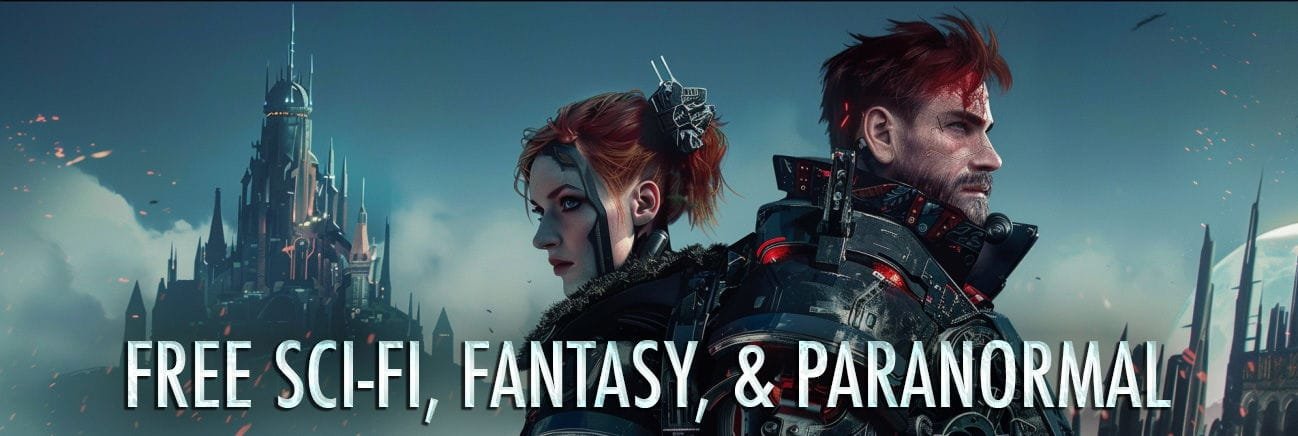 Banner for a March 2026 free book promo titled Free Sci‑Fi, Fantasy, & Paranormal, showing two armored sci‑fi heroes standing back to back in front of a futuristic cityscape.