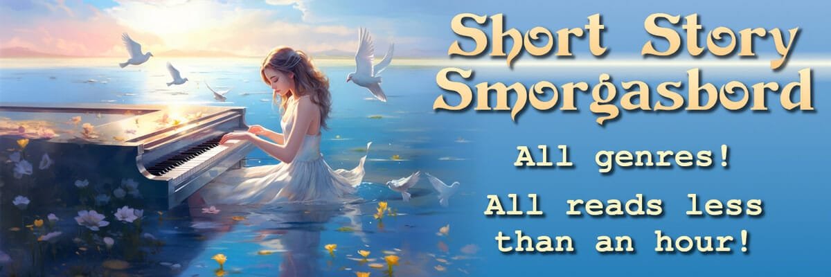 Banner for the Short Story Smorgasbord March 2026 free book promo, showing a young woman playing a grand piano in a sunlit lake surrounded by birds, with text promising all‑genre short reads under an hour.