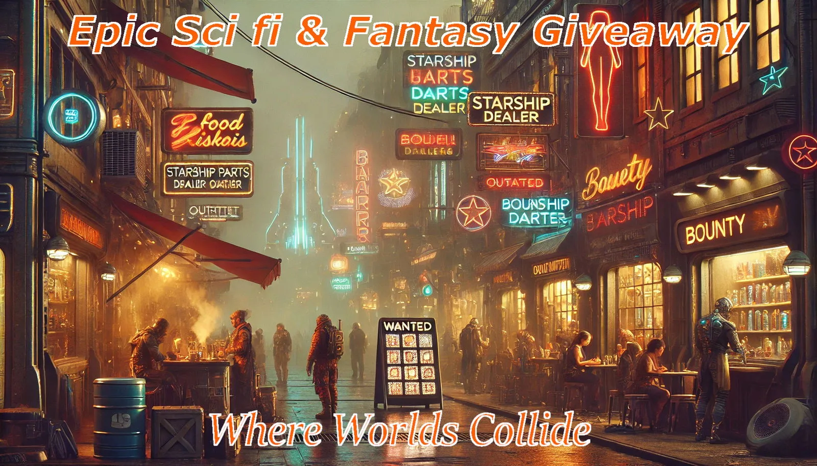 Free Epic Sci‑Fi & Fantasy — April 2026 free book promo banner showing a neon‑lit cyberpunk street with bounty bars and starship signs, highlighting 102 free ebooks in SFF
