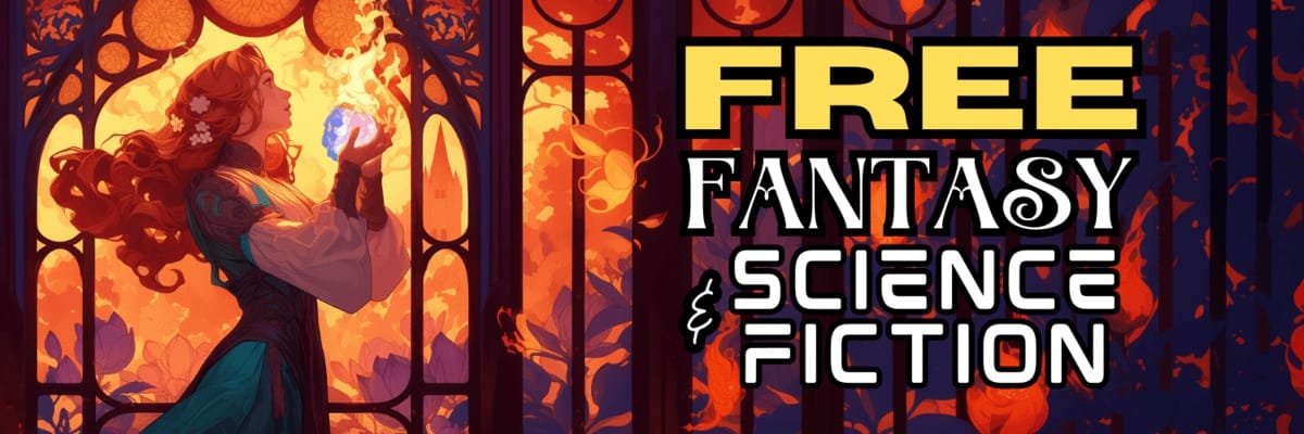 ree Fantasy & Science Fiction for April 2026 — banner with stained‑glass arches and a spellcasting woman, highlighting a free book promo of 141 SFF free ebooks