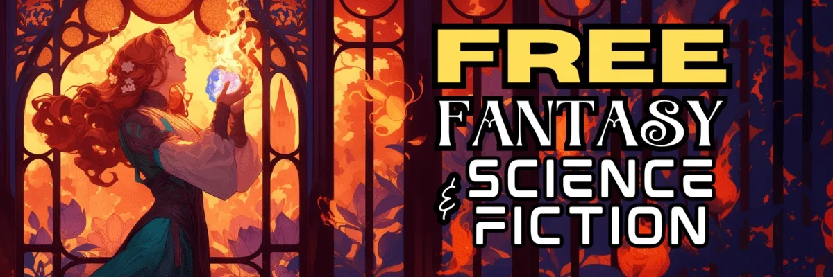 ree Fantasy & Science Fiction for April 2026 — banner with stained‑glass arches and a spellcasting woman, highlighting a free book promo of 141 SFF free ebooks