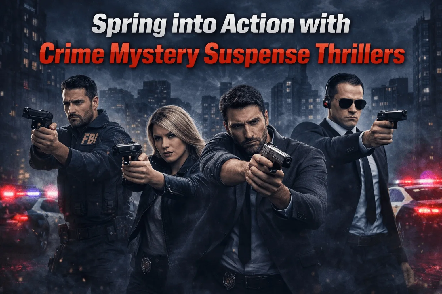 ACE Thrillers April — action thriller free book promo banner with four armed agents in a rain‑soaked city, police lights and skyscrapers in the background