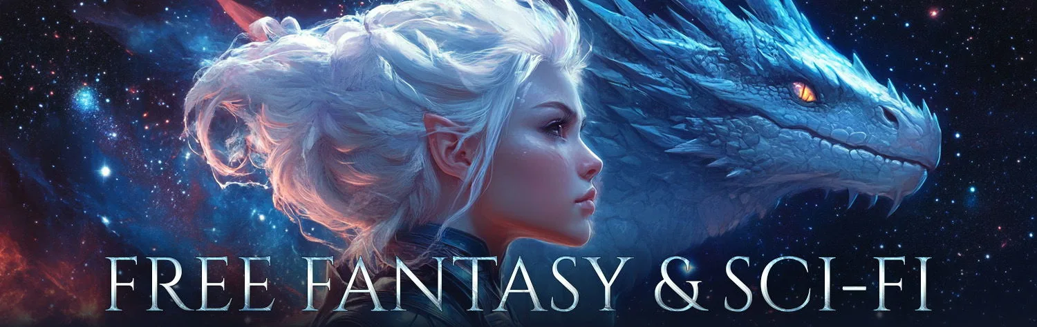 Free Sci‑Fi, Fantasy, & Paranormal — banner with starfield, silver‑haired heroine, and blue dragon, highlighting a free book promo of 111 SFF and paranormal free ebooks