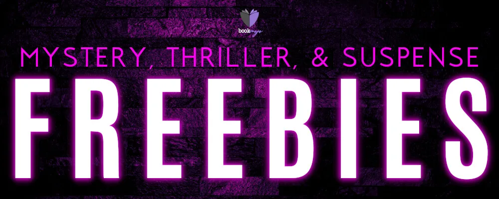Mystery, Thriller, & Suspense Freebies — April 2026 banner in neon purple on brick, highlighting a free book promo of 183 mystery, thriller, and suspense free ebooks
