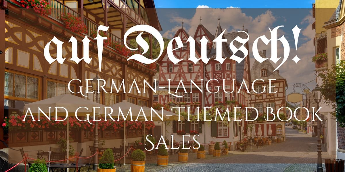 Banner for the “Auf Deutsch! German-Language and German-Themed Book Sales” promo showing a picturesque German town square with half-timbered houses, outdoor cafés, and the text “auf Deutsch! German-Language and German-Themed Book Sales.”