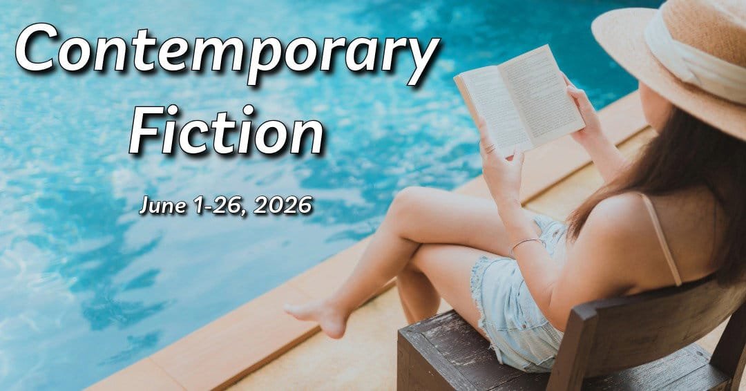 Banner for the Contemporary Fiction promo showing a woman in a sunhat and denim shorts reading a book beside a bright blue swimming pool, with text that reads “Contemporary Fiction – June 1–26, 2026.”