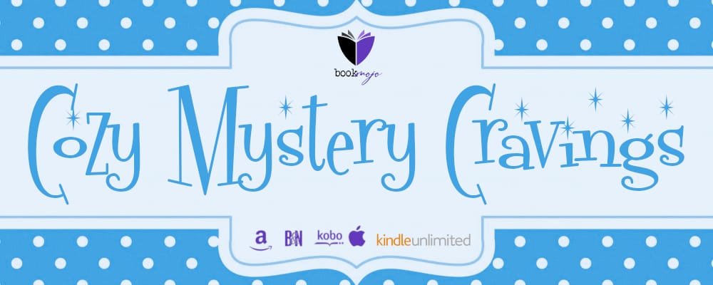 Banner for the Cozy Mystery Cravings May sales promo with playful blue polka dots, whimsical lettering, and retailer logos including Amazon, Kobo, Apple Books, and Kindle Unlimited.