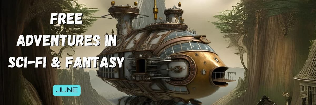 Banner for the FREE Adventures in Sci-fi & Fantasy promo showing a fantastical airship or submarine-like vessel floating between steep cliffs in a surreal landscape, with bold text reading “FREE Adventures in Sci-fi & Fantasy” and a small badge labeled “June.”