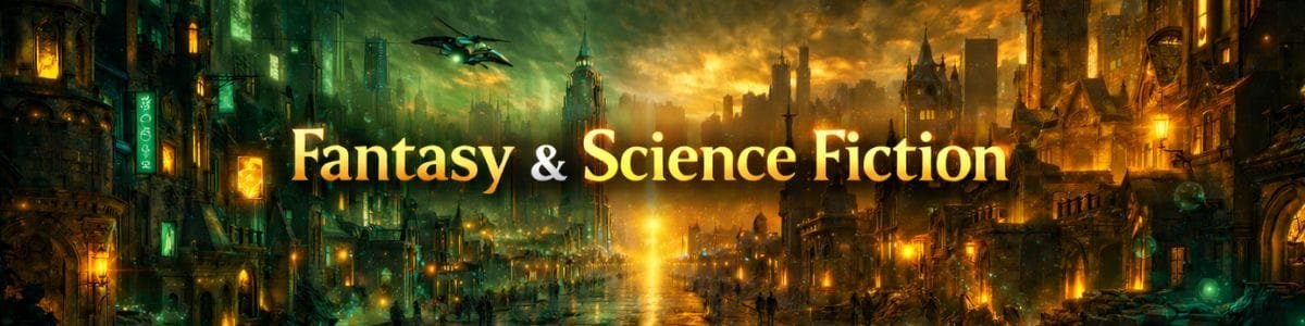 Banner for the FREE Sci-Fi & Fantasy May 2026 promo showing a glowing, futuristic-fantasy cityscape in greens and golds with the title “Fantasy & Science Fiction” across the center. A May free book promo.