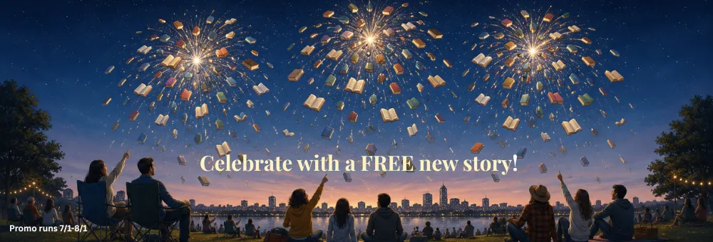 Celebrate with a FREE new story banner showing people on a lawn at night watching fireworks made of flying books over a city skyline, with text noting the promo runs July 1 to August 1