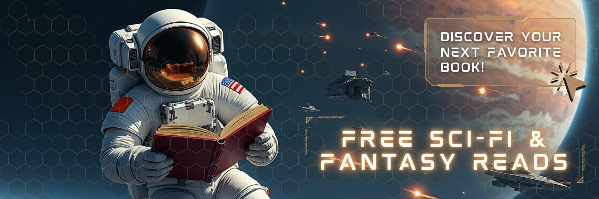 Free Sci-Fi & Fantasy Reads Free Sci‑Fi & Fantasy Reads banner showing an astronaut sitting in space reading a book with spaceships and planets in the background, plus text inviting readers to discover their next favorite book