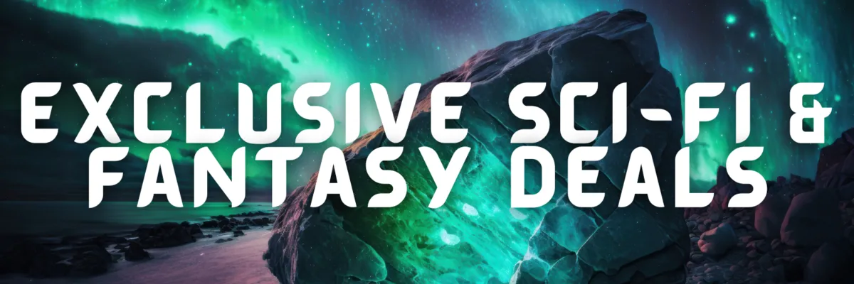 Banner showing a rocky shoreline under vivid green and teal aurora lights with glowing highlights on a massive boulder, overlaid with bold white text reading “Exclusive Sci‑Fi & Fantasy Deals.”