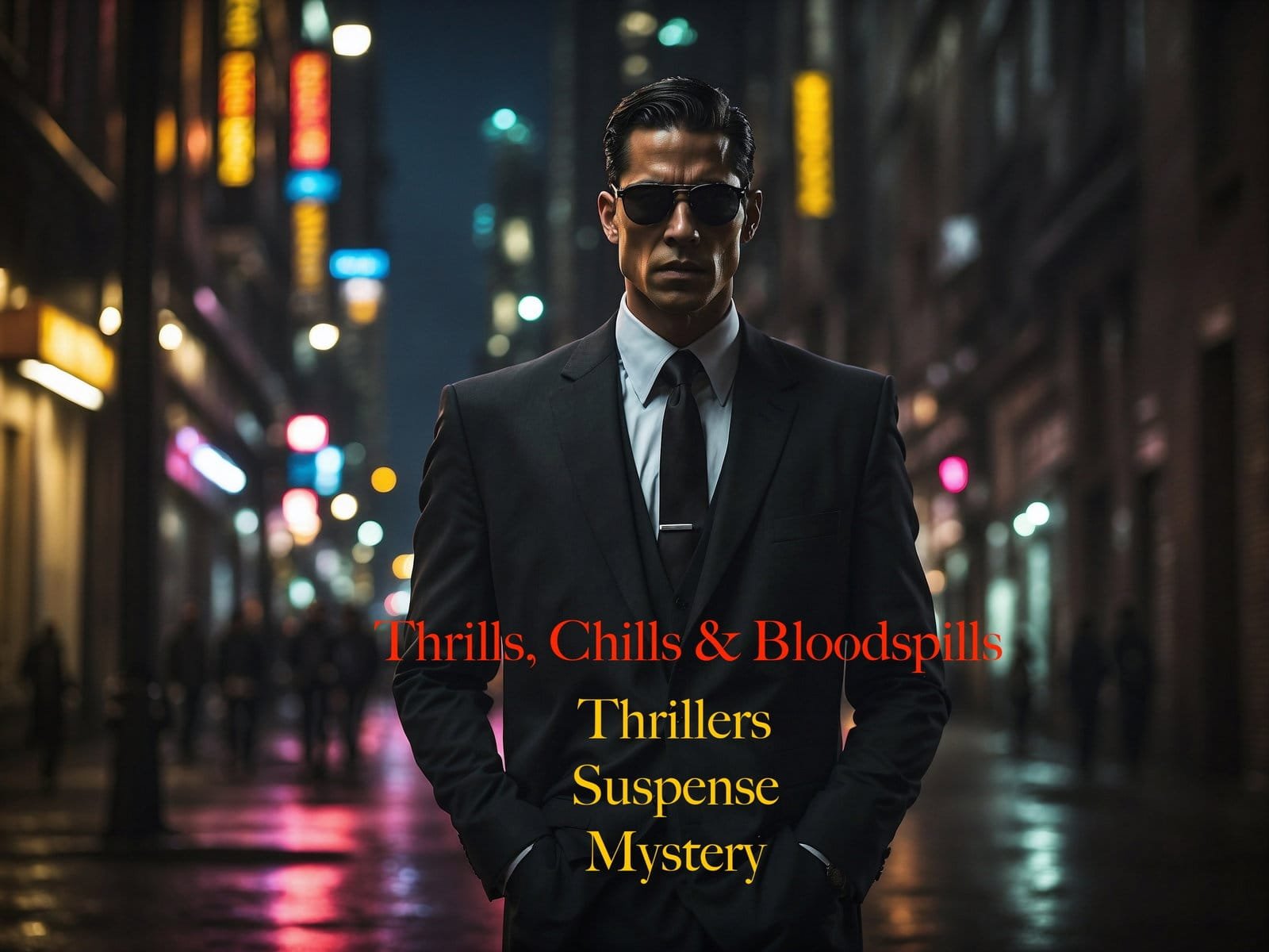 Thrills, Chills, and Blood Spills Thrills, Chills & Bloodspills free book promo banner showing a man in a suit and sunglasses standing in a dark city street at night