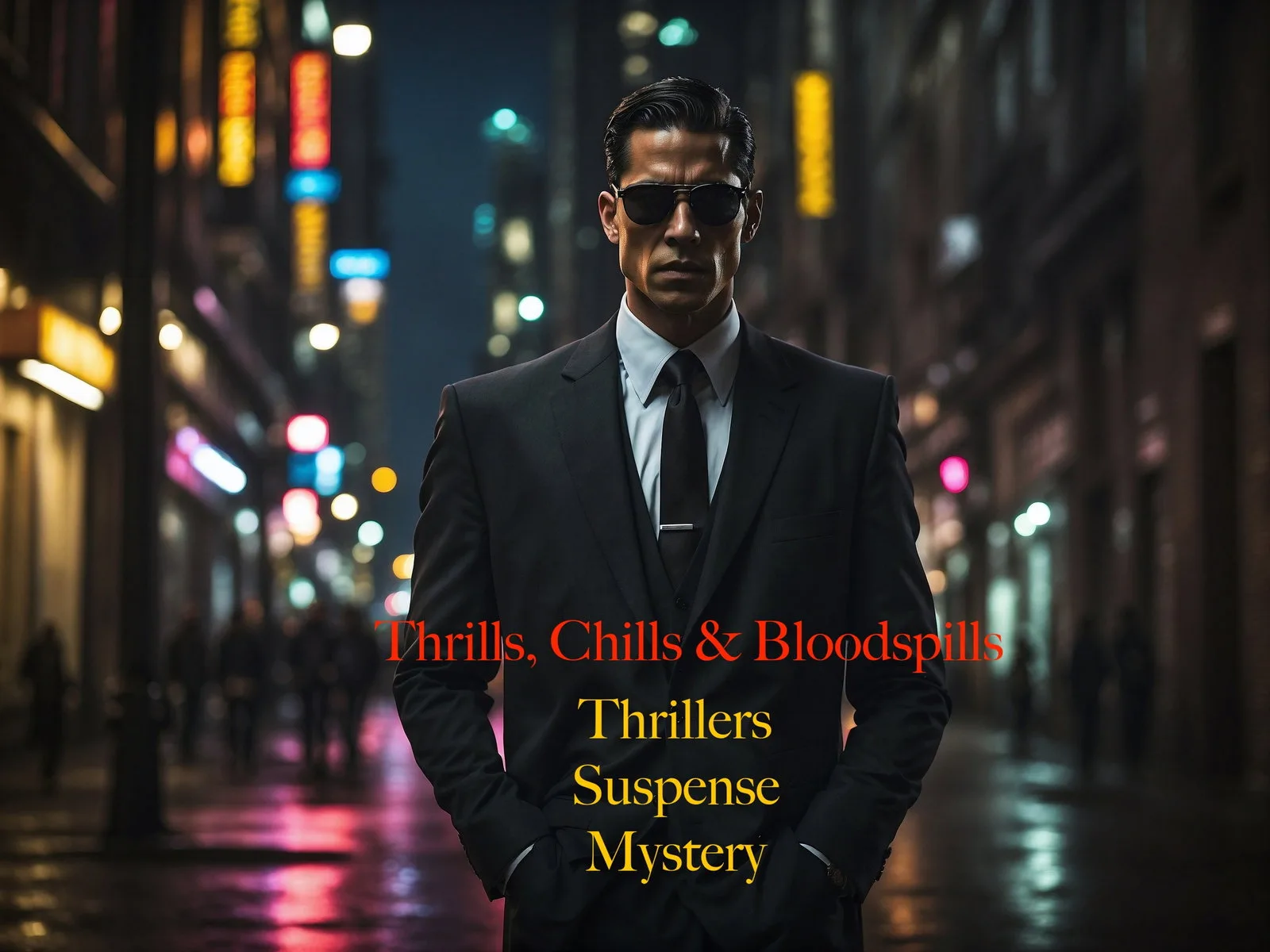 Thrills, Chills & Bloodspills free book promo banner showing a man in a suit and sunglasses standing in a dark city street at night