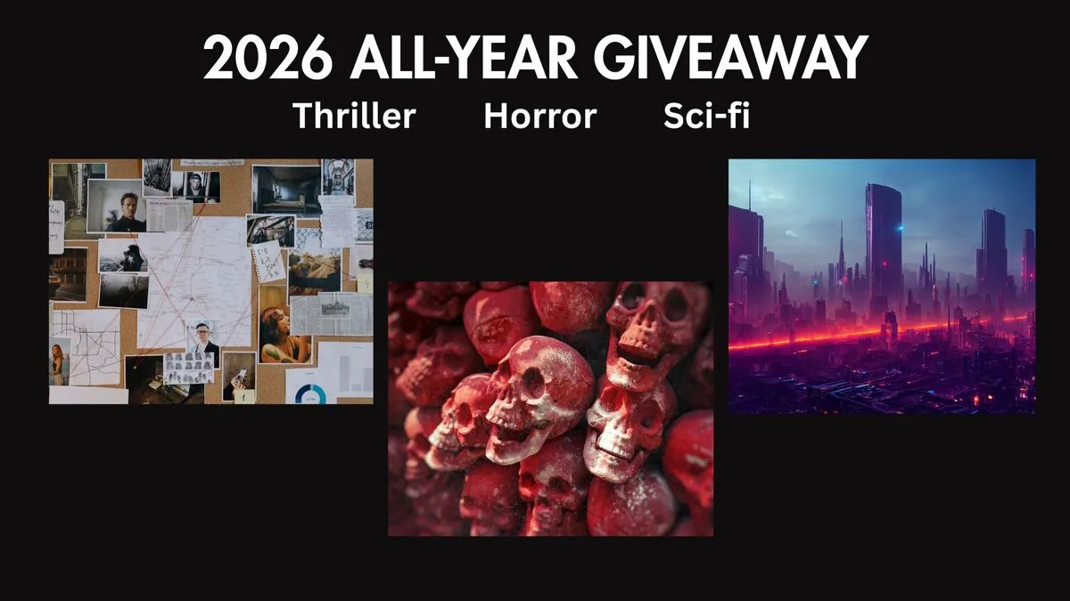 2026 All-Year Crossover Promo - Thriller-Horror-Sci-fi Banner titled “2026 All‑Year Giveaway – Thriller, Horror, Sci‑fi” with three panels: a detective evidence board, a pile of red skulls, and a futuristic neon‑lit city skyline at night.