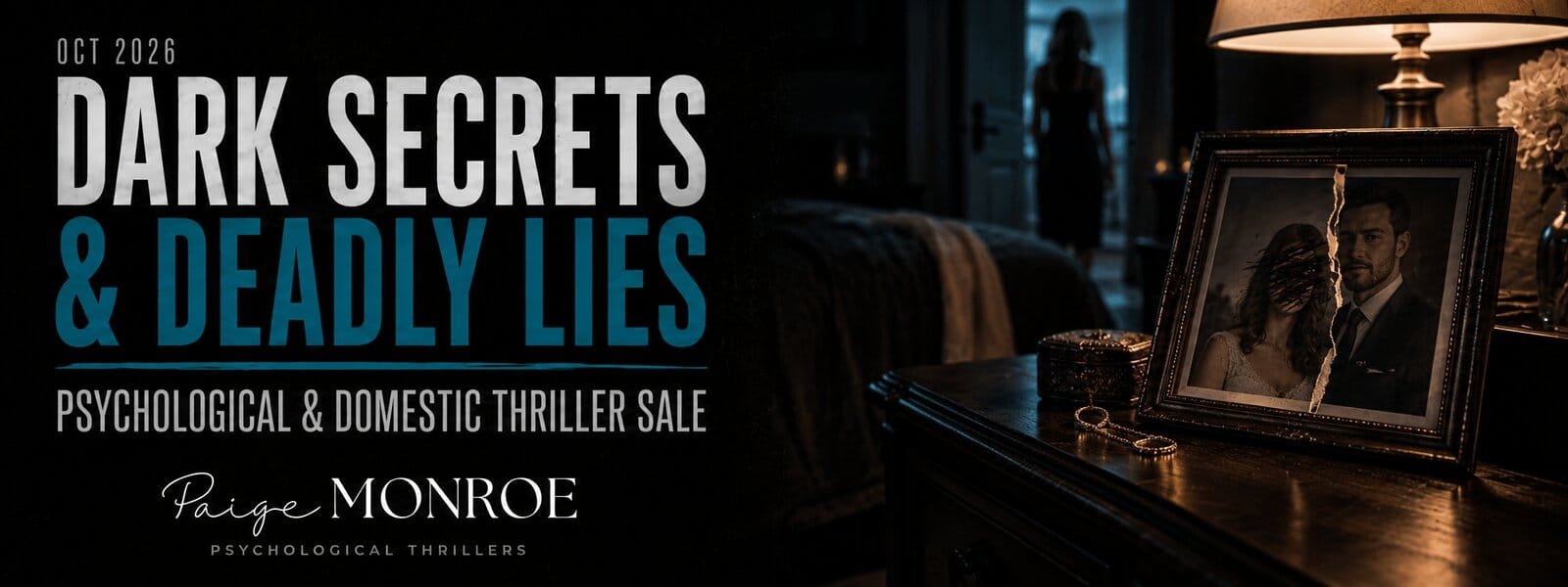 Dark bedroom scene with a nightstand holding a framed wedding photo torn down the middle, jewelry, and a lamp, while a shadowy woman stands in a doorway in the background, alongside bold text reading “Dark Secrets & Deadly Lies – Psychological & Domestic Thriller Sale – Oct 2026” and the name Paige Monroe.