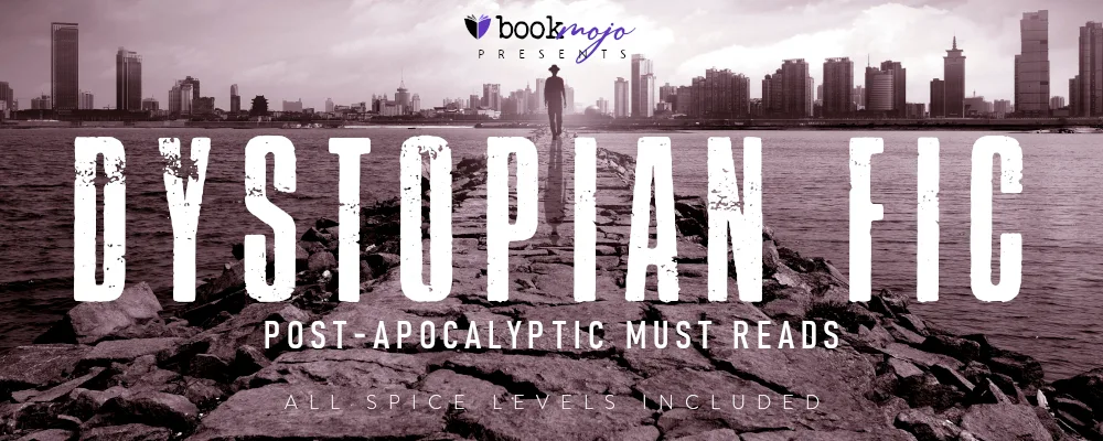 Purple‑tinted banner showing a crumbling rock jetty leading toward a lone figure with a ruined modern city skyline in the distance, overlaid with large distressed text reading “Dystopian Fic: Post‑Apocalyptic Must Reads” and smaller tagline “All spice levels included.”