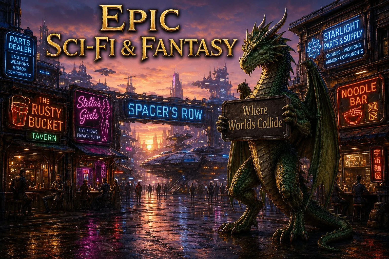 Vibrant sci‑fi and fantasy street scene at dusk with neon signs, crowded spaceport cafés, and a large green dragon holding a wooden sign that reads “Where Worlds Collide,” under the glowing title “Epic Sci‑Fi & Fantasy.”