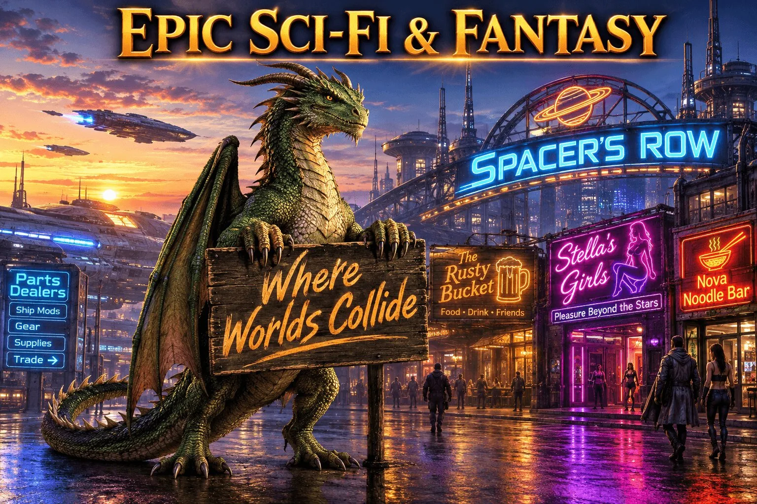 Vibrant sci‑fi city street at sunset with neon signs and crowds, where a green dragon stands in the foreground holding a wooden sign that reads “Where Worlds Collide,” beneath glowing text at the top that says “Epic Sci‑Fi & Fantasy.”