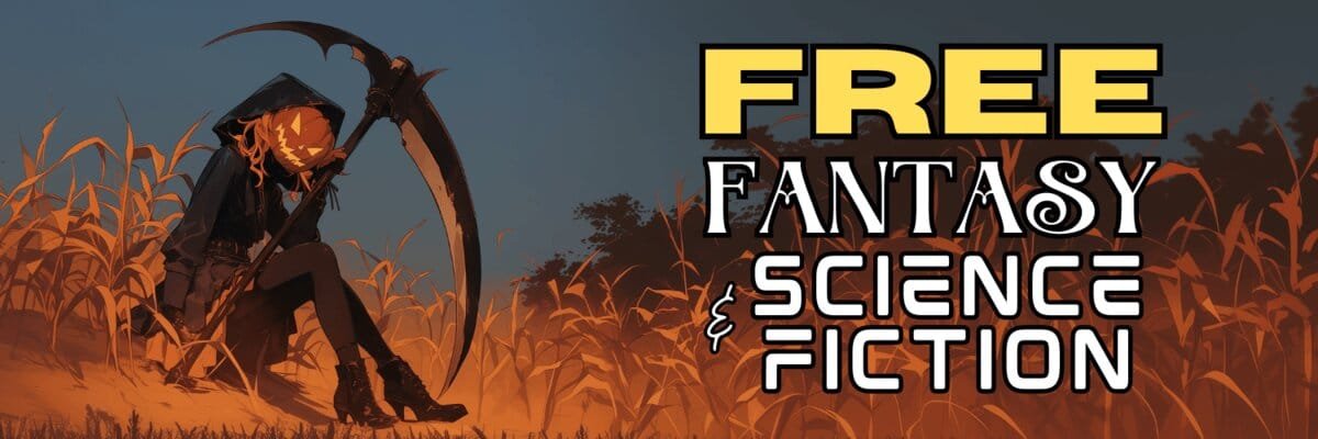 Stylized banner showing a pumpkin‑headed figure in a hooded cloak sitting in an orange cornfield at dusk, holding a huge scythe, with bold yellow and white text reading “Free Fantasy & Science Fiction.”