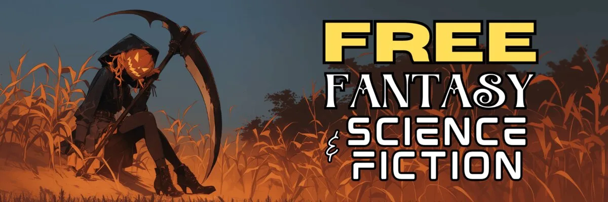 Stylized banner showing a pumpkin‑headed figure in a hooded cloak sitting in an orange cornfield at dusk, holding a huge scythe, with bold yellow and white text reading “Free Fantasy & Science Fiction.”