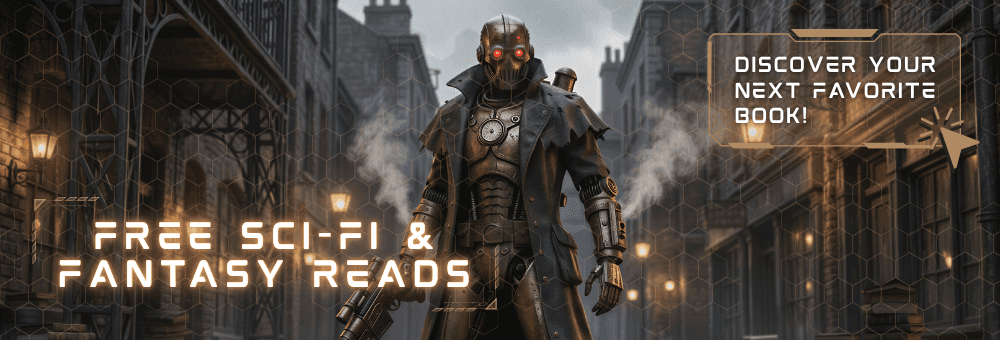 Free Sci-Fi & Fantasy Reads Banner showing a steampunk‑style figure in armor and glowing red goggles standing in a foggy city street, with bold text reading “Free Sci‑Fi & Fantasy Reads” and a callout that says “Discover your next favorite book.” in this free book promo.