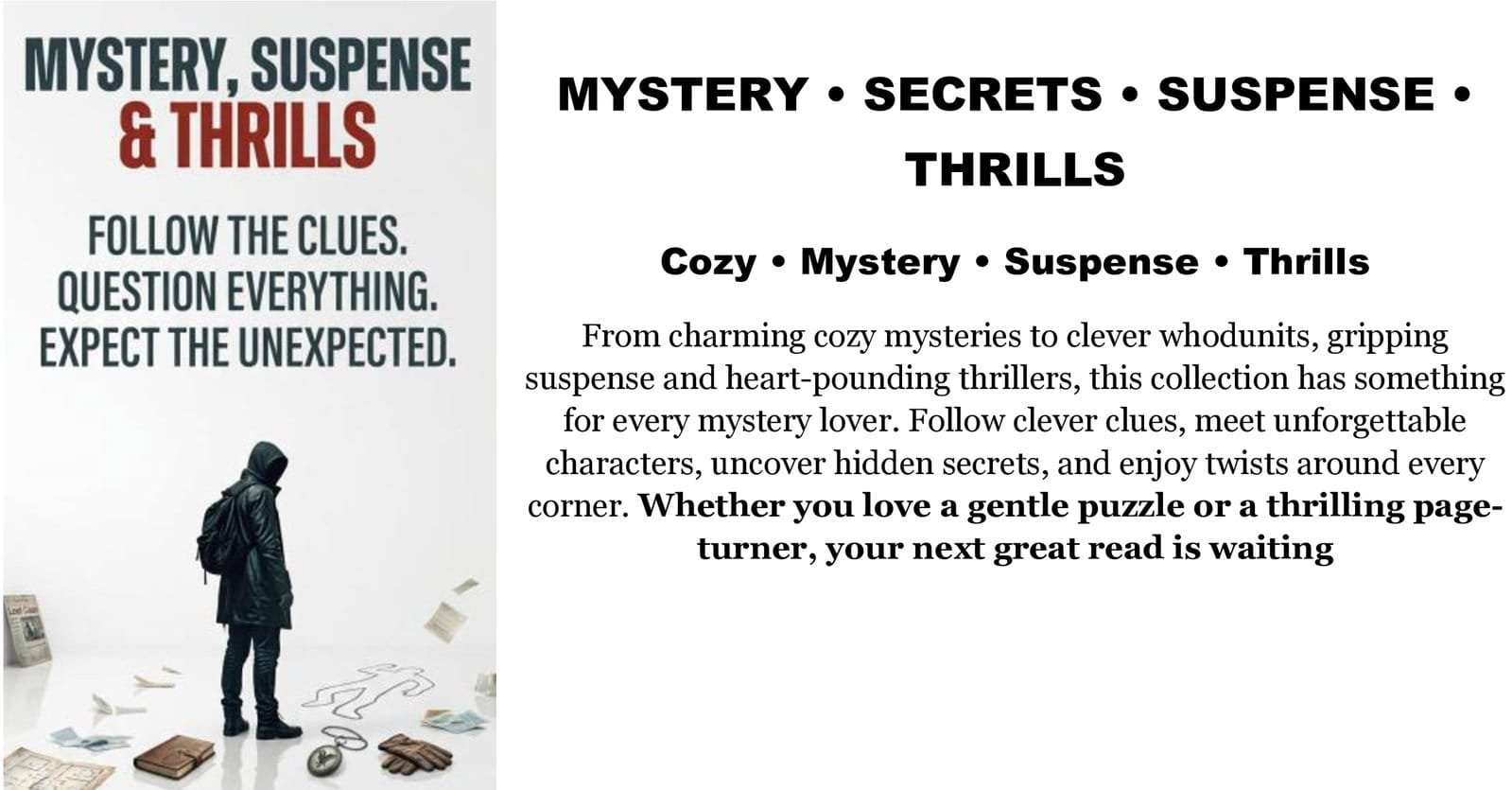 Promo banner with the title “Mystery, Suspense & Thrills” above a hooded figure standing over a chalk body outline, surrounded by scattered papers, books, and clues, with tagline text encouraging readers to follow the clues, question everything, and expect the unexpected.