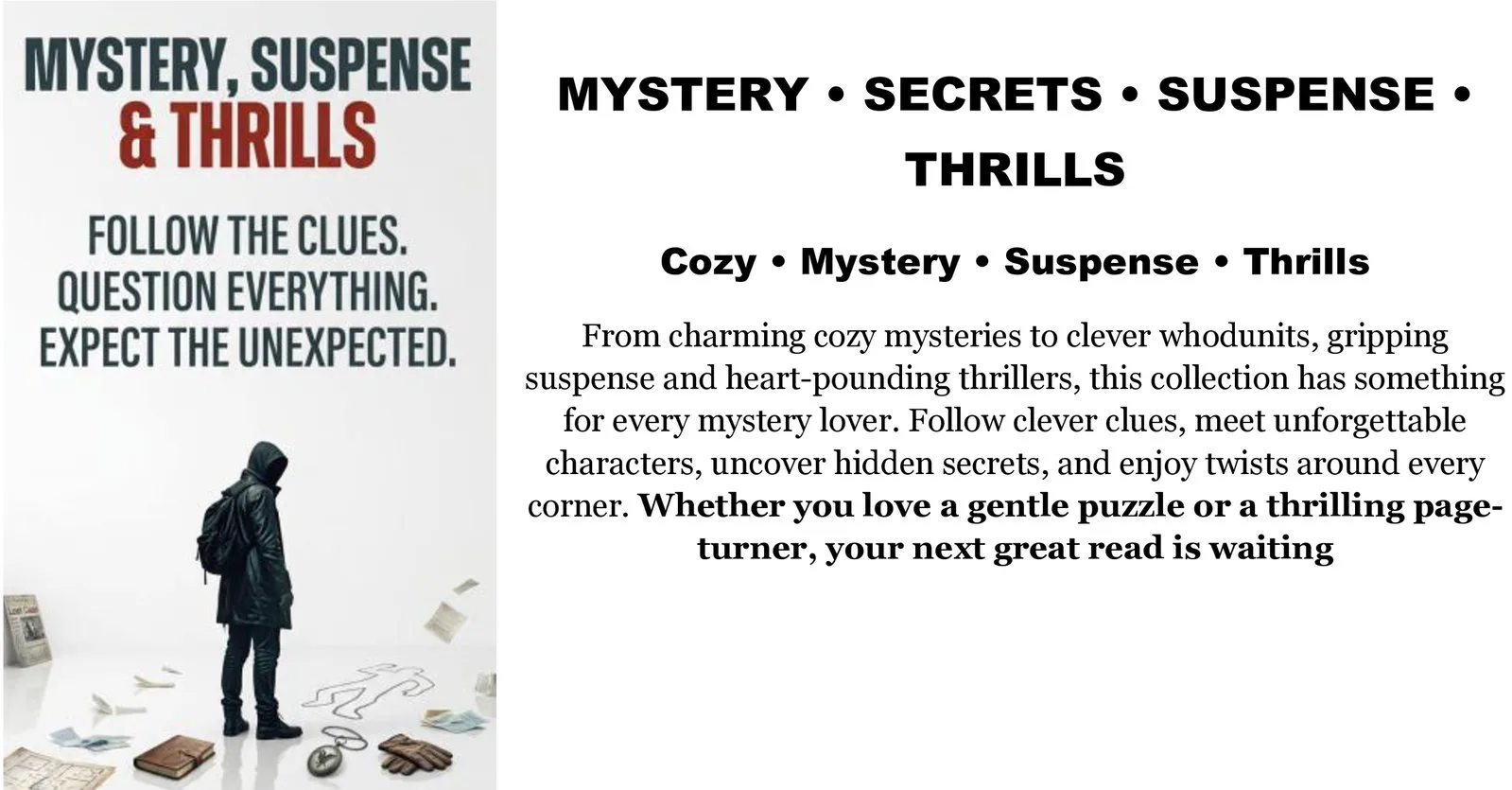 Promo banner with the title “Mystery, Suspense & Thrills” above a hooded figure standing over a chalk body outline, surrounded by scattered papers, books, and clues, with tagline text encouraging readers to follow the clues, question everything, and expect the unexpected.