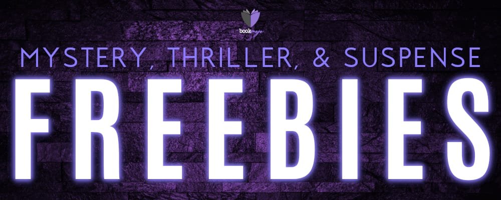 Purple‑themed banner with a dark stone background and glowing white text reading “Mystery, Thriller, & Suspense Freebies,” with the BookMojo logo at the top.