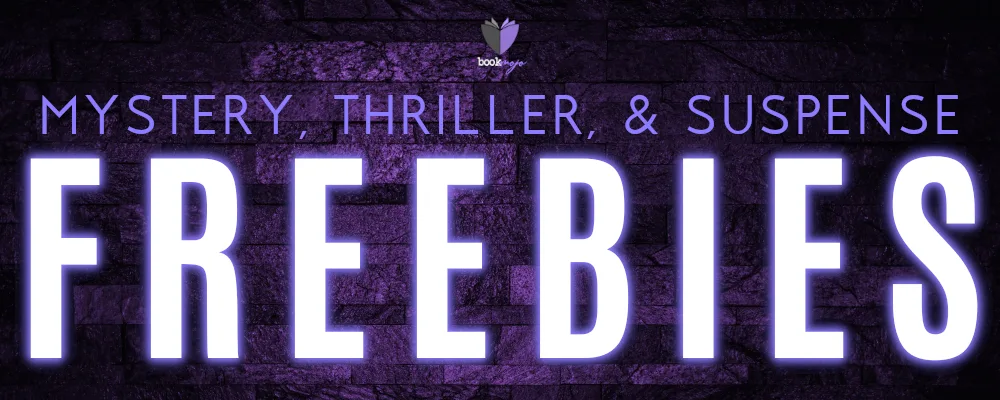 Purple‑themed banner with a dark stone background and glowing white text reading “Mystery, Thriller, & Suspense Freebies,” with the BookMojo logo at the top.