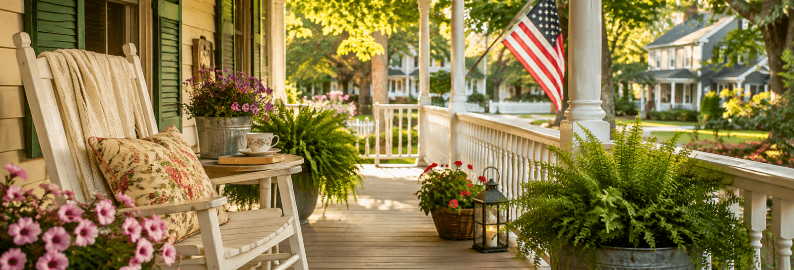 The Front Porch Book Fair Sunlit front porch with a white rocking chair, floral cushion, blanket, potted flowers and ferns, a cup of tea on a small table, and an American flag hanging above a quiet neighborhood street.